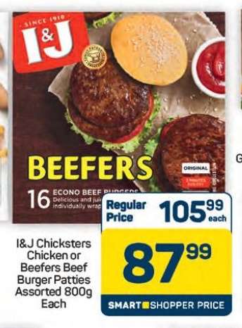 I&J Chicksters Chicken or Beefers Beef Burger Patties Assorted 800g