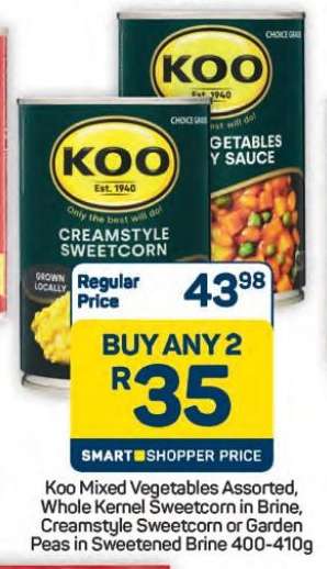 Koo Mixed Vegetables Assorted, Whole Kernel Sweetcorn in Brine, Creamstyle Sweetcorn or Garden Peas in Sweetened Brine
