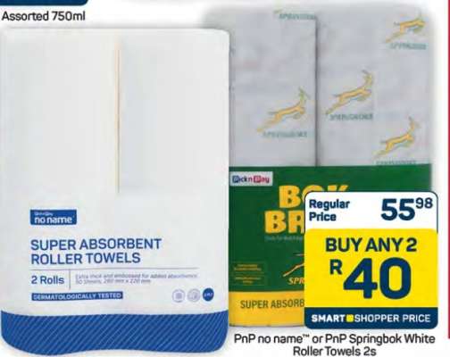 PnP no name™ or PnP Springbok White Roller Towels 2s