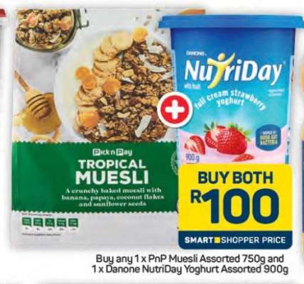 PnP Muesli Assorted 750g and Danone NutriDay Yoghurt Assorted 900g