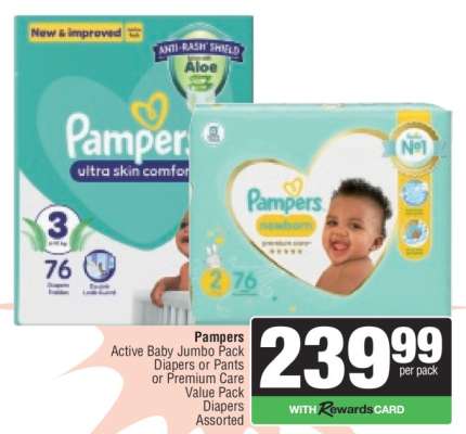 Pampers Active Baby Jumbo Pack Diapers or Pants or Premium Care Value Pack Diapers Assorted