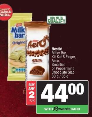 Nestlé Milky Bar, Kit Kat 8 Finger, Aero, Smarties or Peppermint Chocolate Slab
