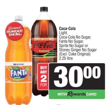 Coca-Cola Light, Coca-Cola No Sugar, Fanta No Sugar, Sprite No Sugar or Stoney Ginger No Sugar