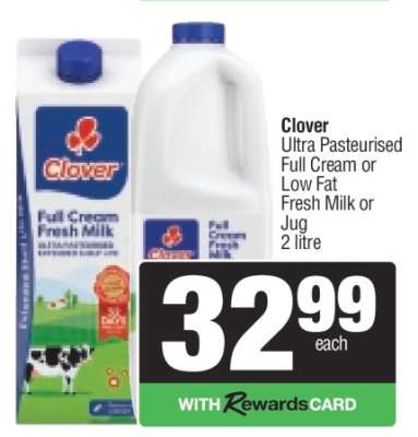 Clover Ultra Pasteurised Full Cream or Low Fat Fresh Milk or Jug