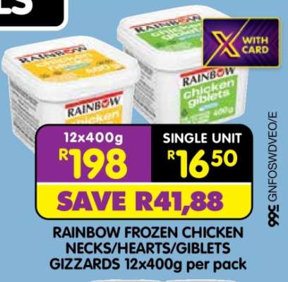 RAINBOW FROZEN CHICKEN NECKS/HEARTS/GIBLETS GIZZARDS 12x400g per pack