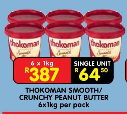 THOKOMAN SMOOTH/CRUNCHY PEANUT BUTTER 6x1kg per pack