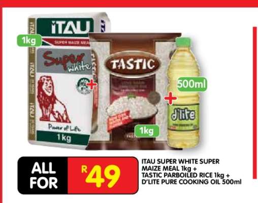 ITAU SUPER WHITE SUPER MAIZE MEAL 1kg + TASTIC PARBOILED RICE 1kg + D'LITE PURE COOKING OIL 500ml