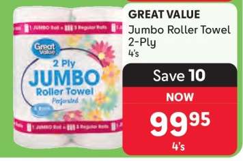 GREAT VALUE Jumbo Roller Towel 2-Ply 4's