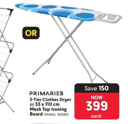 PRIMARIES 3-Tier Clothes Dryer or 33 x 110 cm Mesh Top Ironing Board