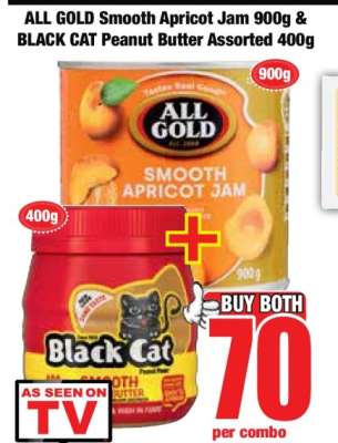 ALL GOLD Smooth Apricot Jam 900g & BLACK CAT Peanut Butter Assorted 400g