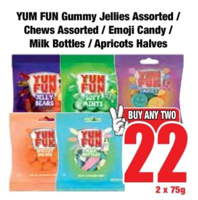 YUM FUN Gummy Jellies Assorted / Chews Assorted / Emoji Candy / Milk Bottles / Apricots Halves