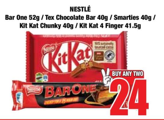 NESTLÈ Bar One 52g / Tex Chocolate Bar 40g / Smarties 40g / Kit Kat Chunky 40g / Kit Kat 4 Finger 41.5g