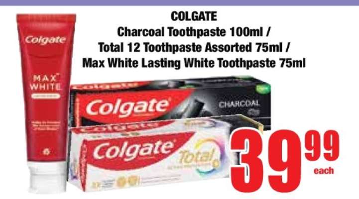 COLGATE Charcoal Toothpaste 100ml / Total 12 Toothpaste Assorted 75ml / Max White Lasting White Toothpaste 75ml