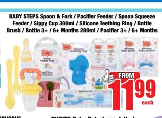 BABY STEPS Spoon & Fork / Pacifier Feeder / Spoon Squeeze Feeder / Sippy Cup 300ml / Silicone Teething Ring / Bottle Brush / Bottle 3+ / 6+ Months 280ml / Pacifier 3+ / 6+ Months