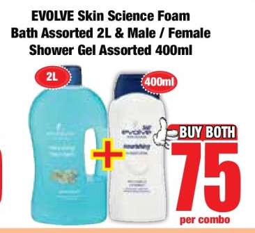EVOLVE Skin Science Foam Bath Assorted 2L & Male / Female Shower Gel Assorted 400ml