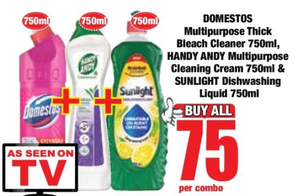 DOMESTOS Multipurpose Thick Bleach Cleaner 750ml, HANDY ANDY Multipurpose Cleaning Cream 750ml & SUNLIGHT Dishwashing Liquid 750ml