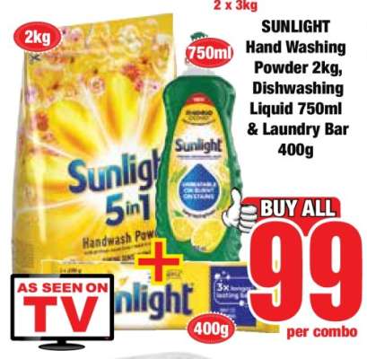 SUNLIGHT Hand Washing Powder 2kg, Dishwashing Liquid 750ml & Laundry Bar 400g