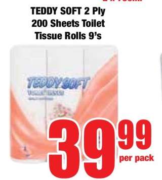 TEDDY SOFT 2 Ply 200 Sheets Toilet Tissue Rolls 9's