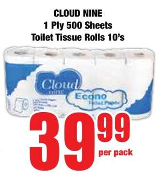 CLOUD NINE 1 Ply 500 Sheets Toilet Tissue Rolls 10's
