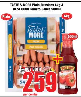 TASTE & MORE Plain Russians 6kg & BEST COOK Tomato Sauce 500ml