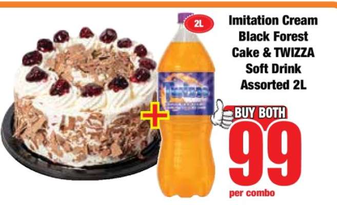 Imitation Cream Black Forest Cake & TWIZZA Soft Drink Assorted 2L
