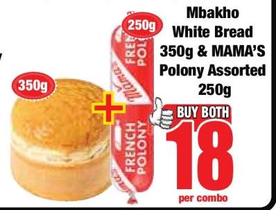 Mbakho White Bread 350g & MAMA’S Polony Assorted 250g