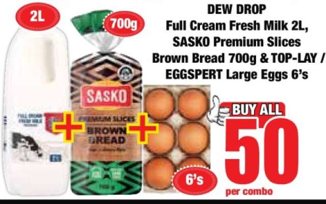 DEW DROP Full Cream Fresh Milk 2L, SASKO Premium Slices Brown Bread 700g & TOP-LAY / EGGSPERT Large Eggs 6's