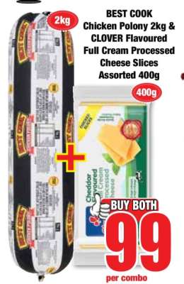BEST COOK Chicken Polony 2kg & CLOVER Flavoured Full Cream Processed Cheese Slices Assorted 400g