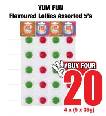 YUM FUN Flavoured Lollies Assorted 5's