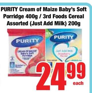 PURITY Cream of Maize Baby’s Soft Porridge 400g / 3rd Foods Cereal Assorted (Just Add Milk) 200g