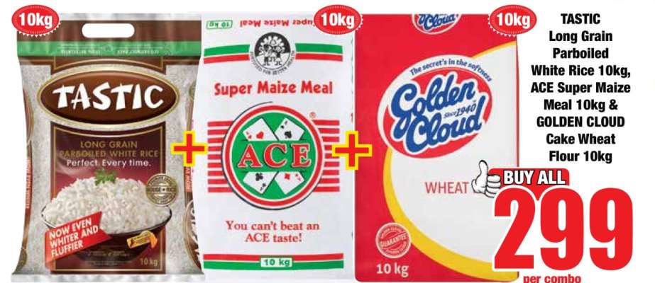 TASTIC Long Grain Parboiled White Rice 10kg, ACE Super Maize Meal 10kg & GOLDEN CLOUD Cake Wheat Flour 10kg