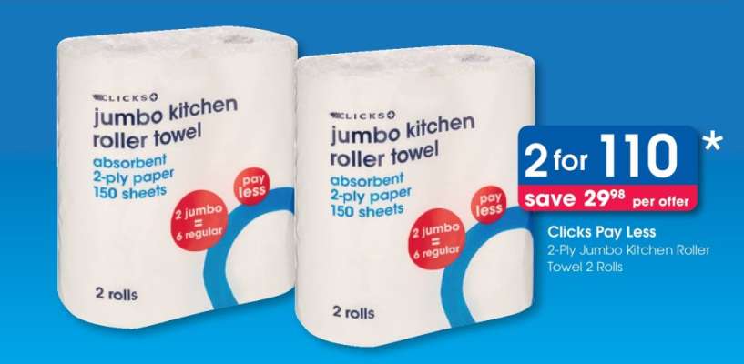 Clicks Pay Less 2-Ply Jumbo Kitchen Roller Towel 2 Rolls