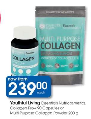 Youthful Living Essentials Nutricosmetics Collagen Pro+ 90 Capsules or Multi Purpose Collagen Powder 200 g