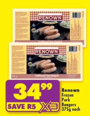 Renown Frozen Pork Bangers 375g each