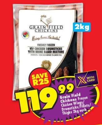 Grain Field Chickens Frozen Chicken Wings/Drumsticks/Fillets/Thighs 2kg each