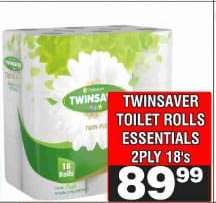 TWINSAVER TOILET ROLLS ESSENTIALS 2PLY 18's