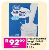 Great Value UHT Long Life Full Cream Milk-6 x 1L