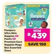 Pampers Ultra Skin Nappies OR Pants OR Premium Care Nappies Mega Box Assorted Sizes