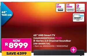 65" UHD Smart TV (UA65BU8000FXXA) PLUS B-Series 2.0 Channel Soundbar (HW-B400F/XA)