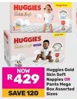 Huggies Gold Skin Soft Nappies OR Pants Mega Box Assorted Sizes