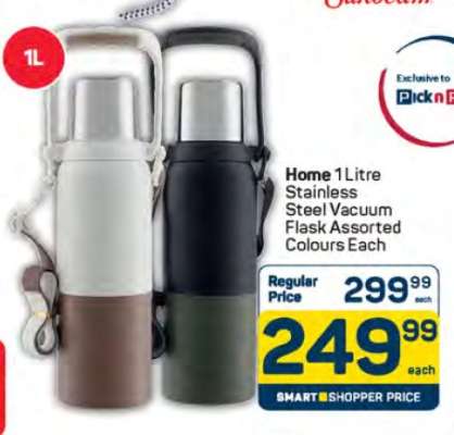 Home 1 Litre Stainless Steel Vacuum Flask Assorted Colours Each