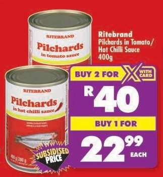 Ritebrand Pilchards in Tomato/Hot Chilli Sauce 400g