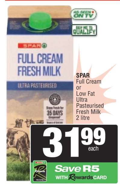 SPAR Full Cream or Low Fat Ultra Pasteurised Fresh Milk