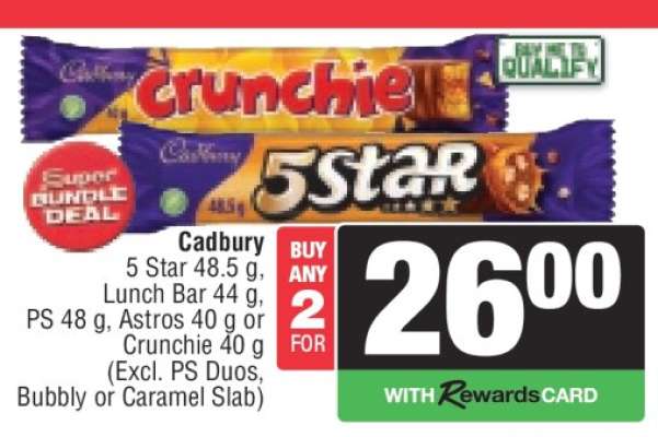 Cadbury 5 Star, Lunch Bar, PS, Astros, Crunchie