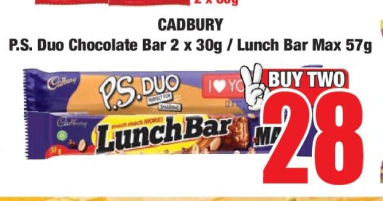 P.S. Duo Chocolate Bar 2 x 30g / Lunch Bar Max 57g