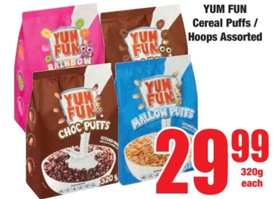 YUM FUN Cereal Puffs / Hoops Assorted