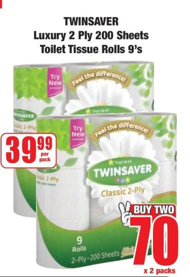 TWINSAVER Luxury 2 Ply 200 Sheets Toilet Tissue Rolls 9's