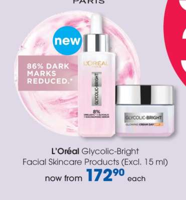 L'Oréal Glycolic-Bright Facial Skincare Products (Excl. 15 ml)
