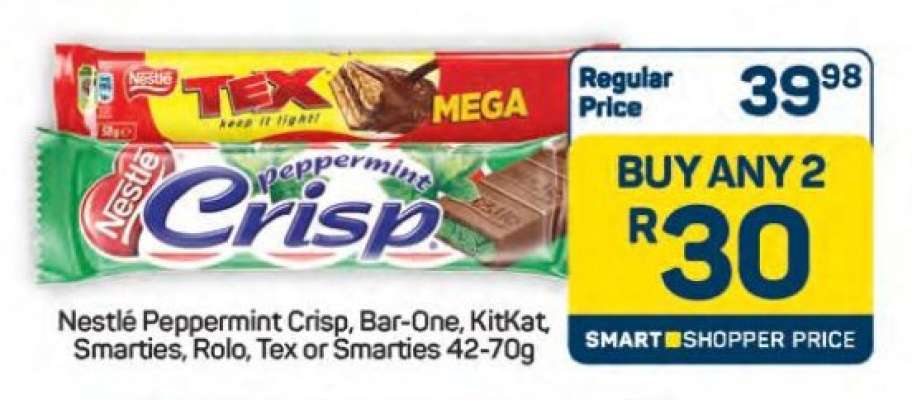 Nestlé Peppermint Crisp, Bar-One, KitKat, Smarties, Rolo, Tex or Smarties 42-70g