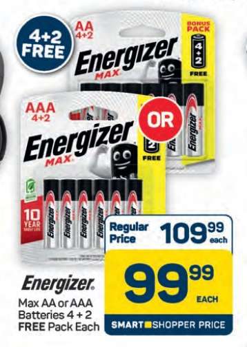 Energizer Max AA or AAA Batteries 4 + 2 FREE Pack